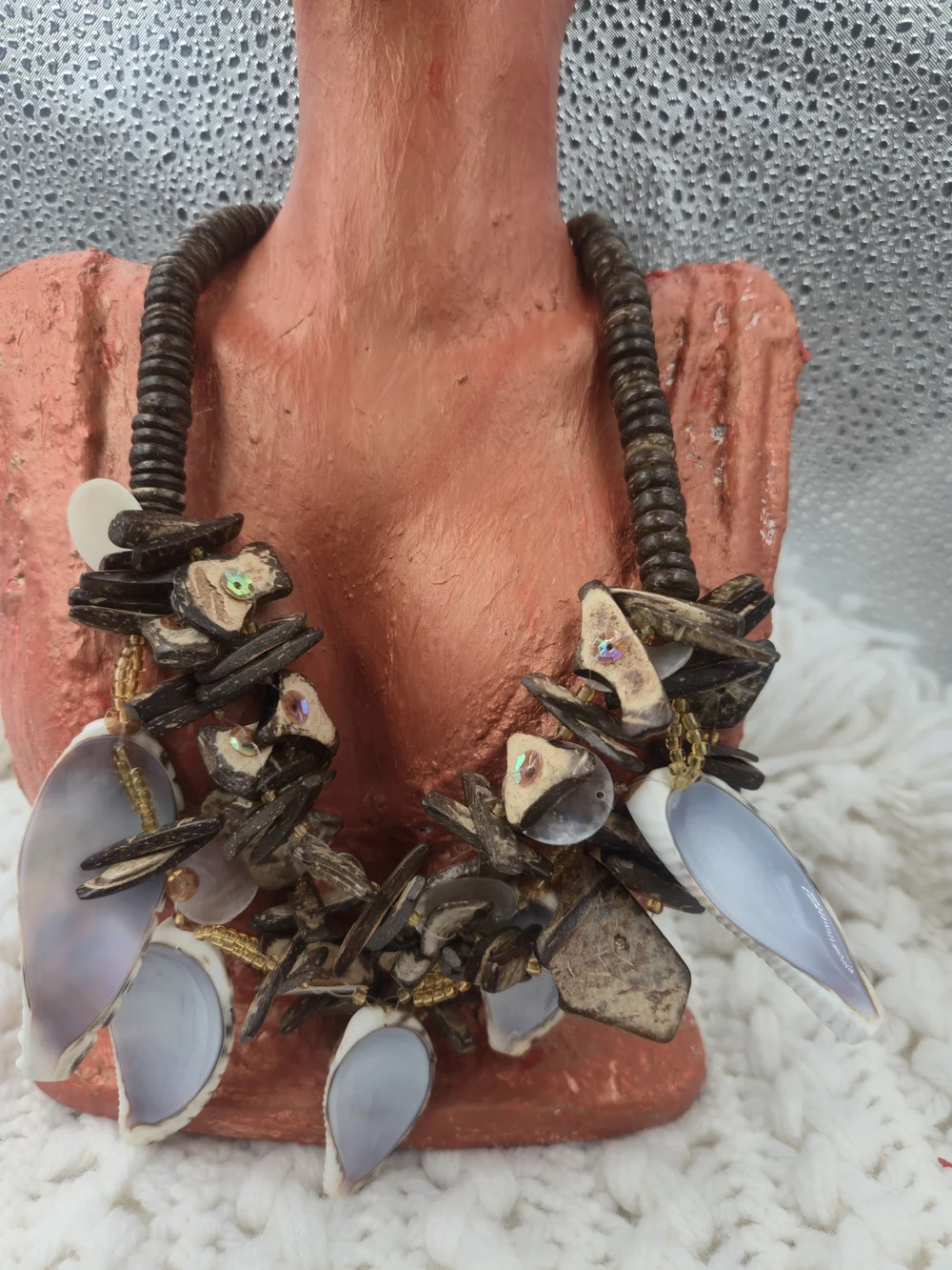 Boho Shell & Wood Statement Necklace in Natural Brown and Iridescent Blue